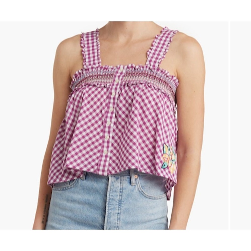 French Connection Gingham Top M Purple New‎ Smocked Ruffle Crop